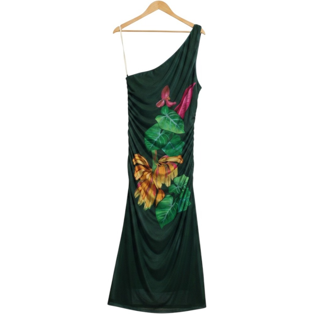 Farm Rio x Anthropologie Tropical One Shoulder Ruched Mesh Midi Dress L NWT - Picture 3 of 4